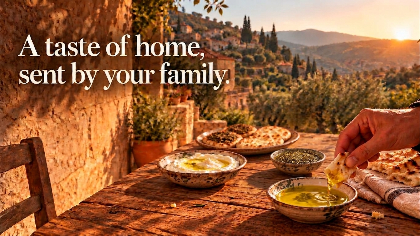 A Lebanese family table at sunset, with olive oil, zaatar, labneh and warm bread. The words read: A taste of home, sent by your family.