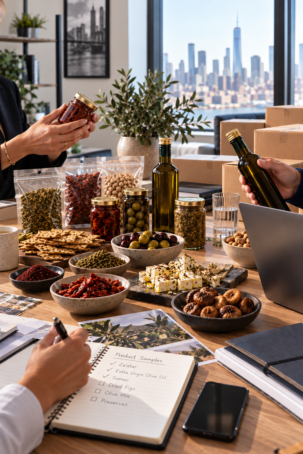 Buyers reviewing Lebanese food samples